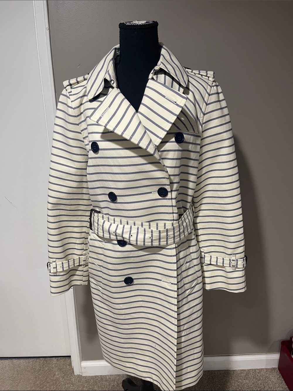 Coach Cream Trench Coat with Navy Stripes